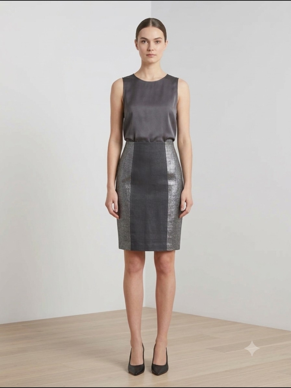 NWT Go International Sleek Grey Metallic Panel Pencil Linen Skirt - Size 1